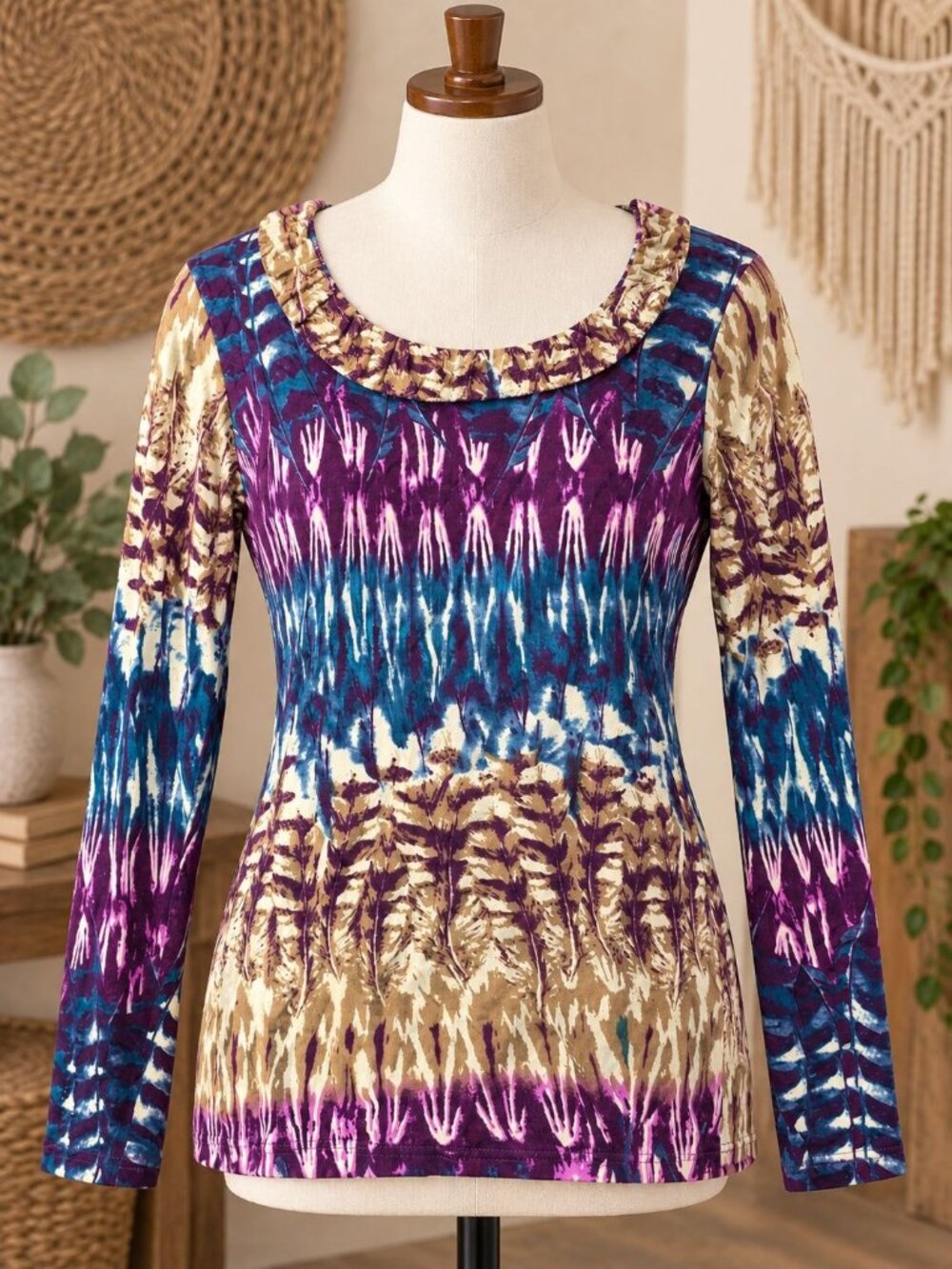FDJ Tie Dye Ruffle Neck Tunic Top S Purple Artsy Boho Whimsigoth Hippie Festival